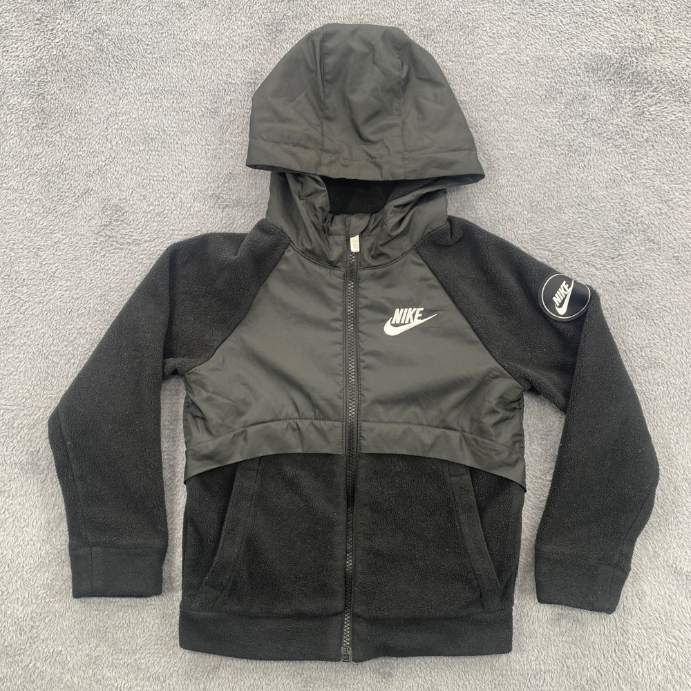 Nike Full Zip Fleece Jacket Kids Size 5 Black Hooded Mixed Media L977-023